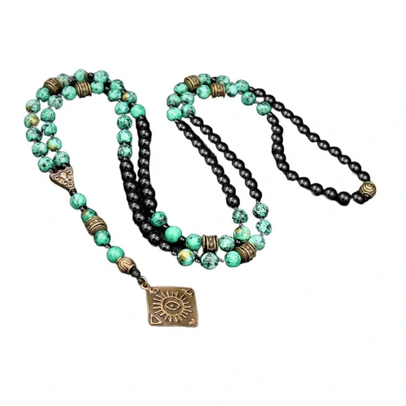 MJA Handmade Art Onyx Turquoise African Unisex Necklace In Carved Box - Picture 4 of 9